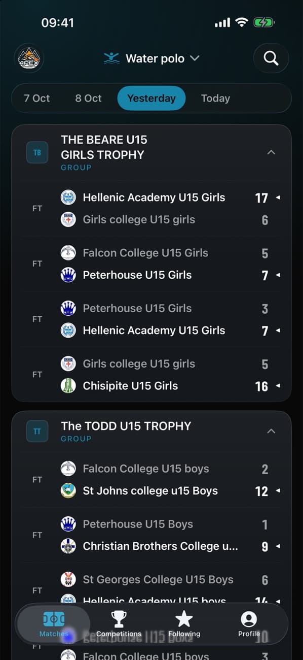 Apex iPhone app showing school water polo trophy results