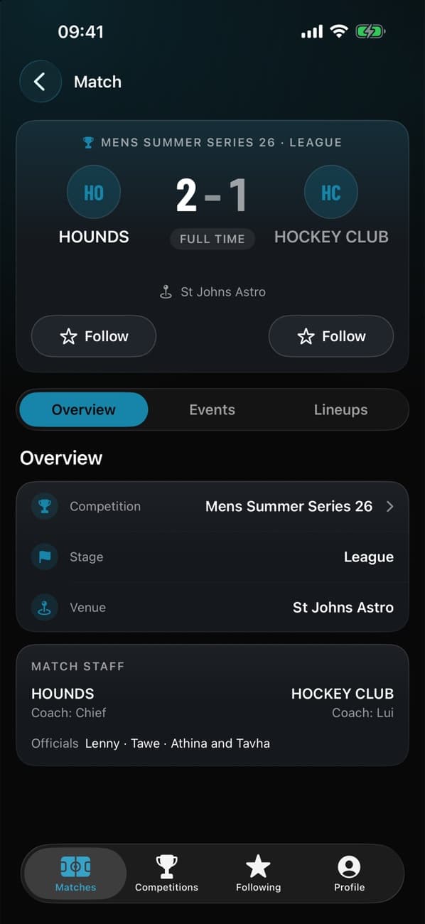 Apex iPhone app match screen with score, venue, and match staff